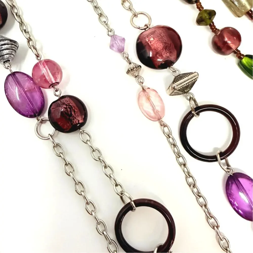 Lot 7 Art Glass Beaded Multi Strand Flapper Necklaces MOP Purple Pink Tortoise